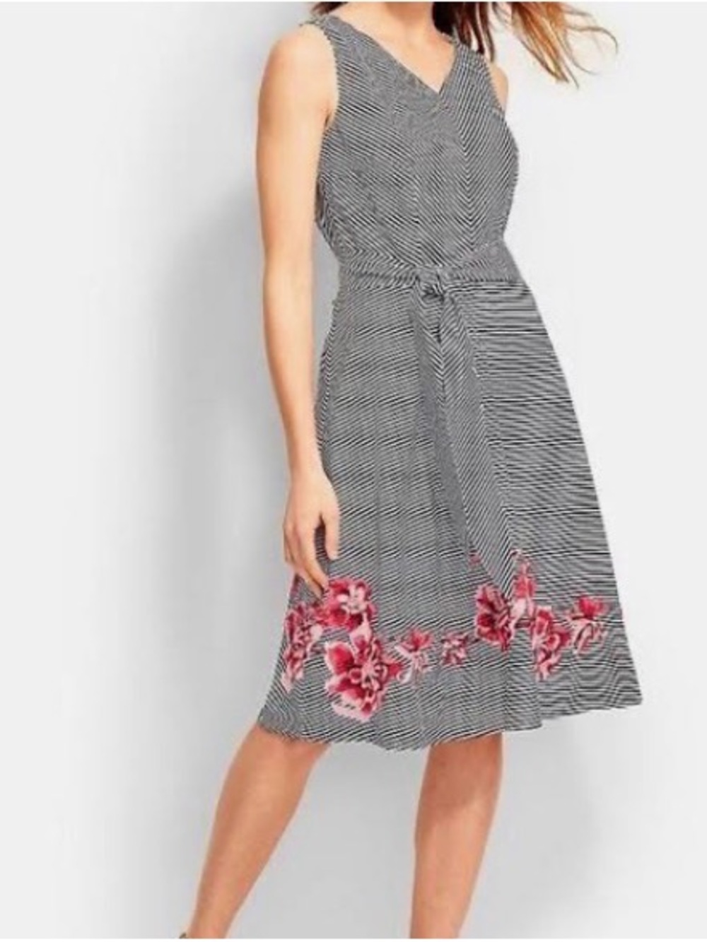 Talbots Black & White Striped Midi Dress with Pink Floral Embroidery